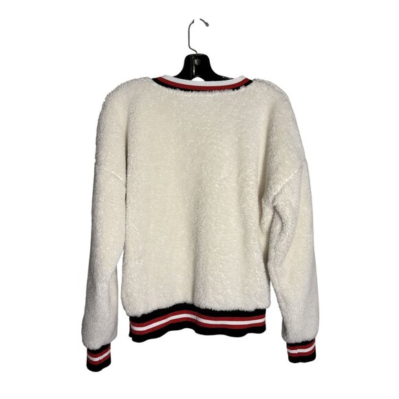 Evereve White Varsity Teddy Knit Pullover With Striped Red and Black Trim Size L - Picture 3 of 11